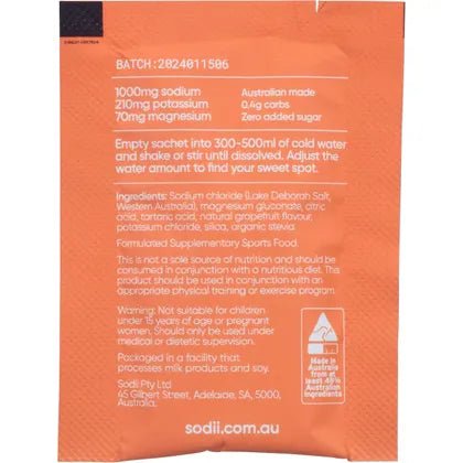 Sodii - Single Sachet nutrition details and usage instructions with electrolyte content from the Sodii drink collection.