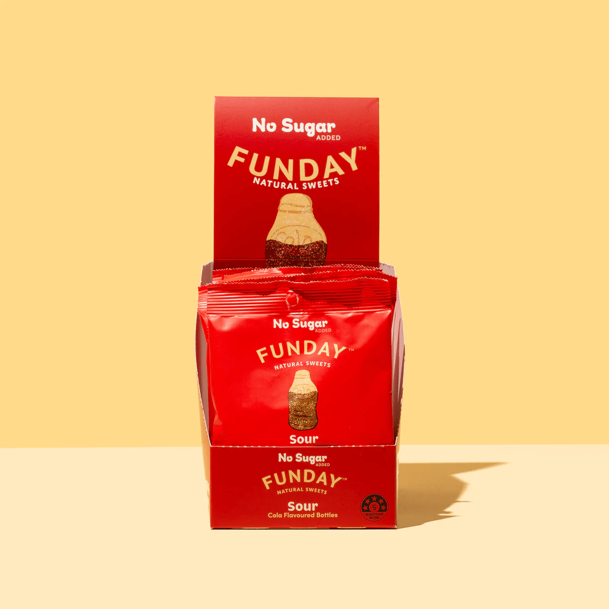 Sour Cola Bottles - 50g x 12 by Funday, red packaging in display box from Sweet Snacks and Bulk Buys collections