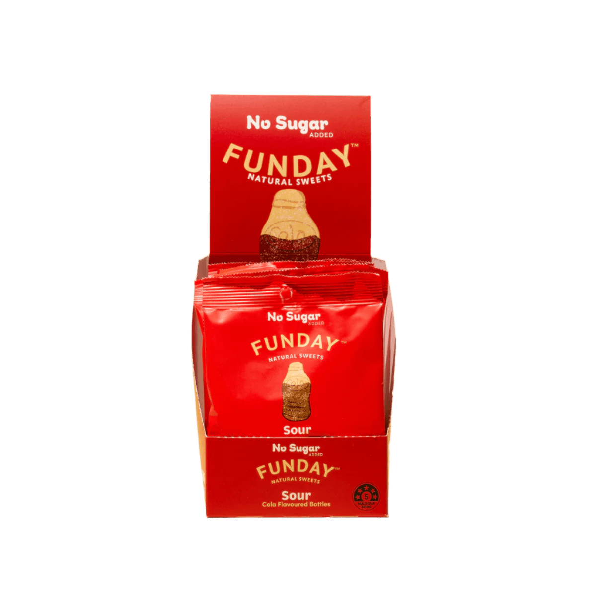 Sour Cola Bottles - 50g x 12 by Funday, sour cola gummy sweets in red packaging from Sweet Snacks and Bulk Buys collections