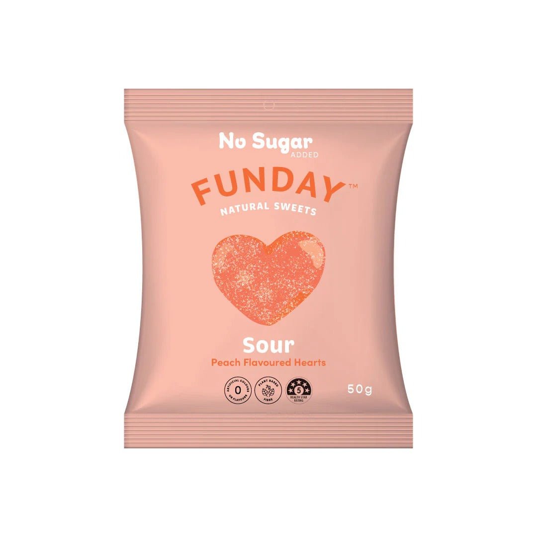 Sour Peach Hearts - 50g x 12 by Funday, peach-flavored sour candy in pink packaging from Sweet Snacks and Lollies collections