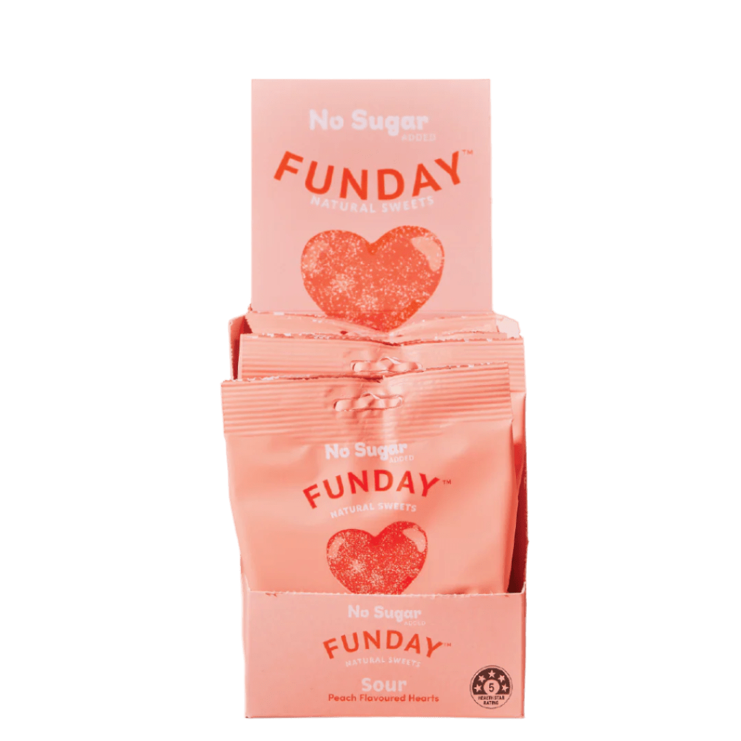 Sour Peach Hearts - 50g x 12 by Funday, pink packets with peach-flavored heart gummies in Sweet Snacks and Lollies collection