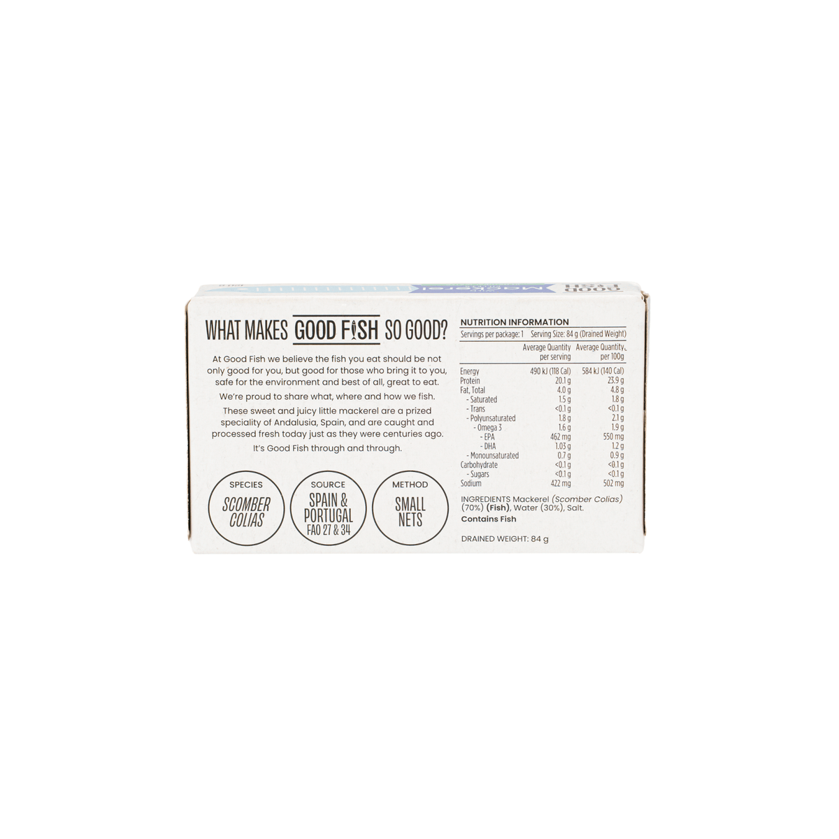 Spanish Mackerel in Natural Water - 120g Can with nutritional facts and sourcing from Spain by Good Fish.