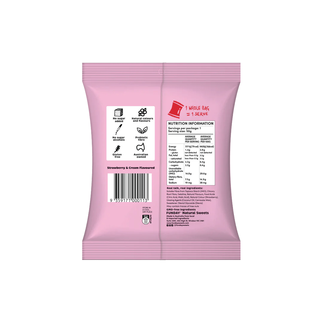 Back of pink package for Strawberries & Cream Gummies - 50g x 12 by Funday showing nutrition, ingredients, and product icons