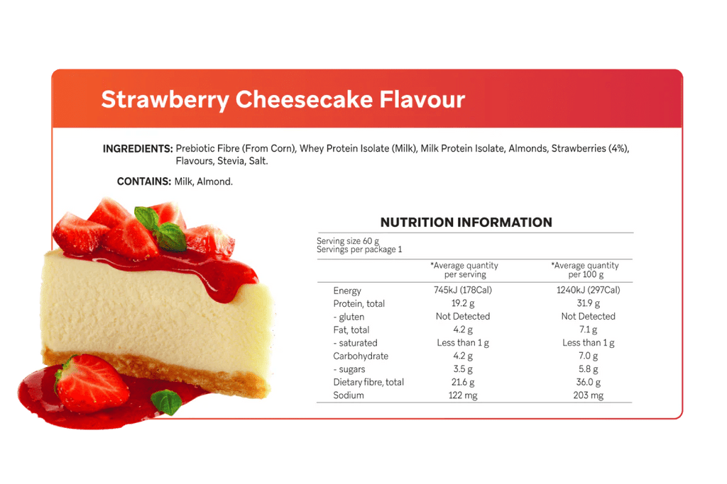 Nutrition label for Strawberry Cheesecake Smart Protein Bars x 12 by Smart Diet Solutions with ingredients and facts.