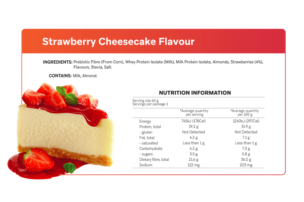 Nutrition label for Strawberry Cheesecake Smart Protein Bars x 12 by Smart Diet Solutions with ingredients and facts.
