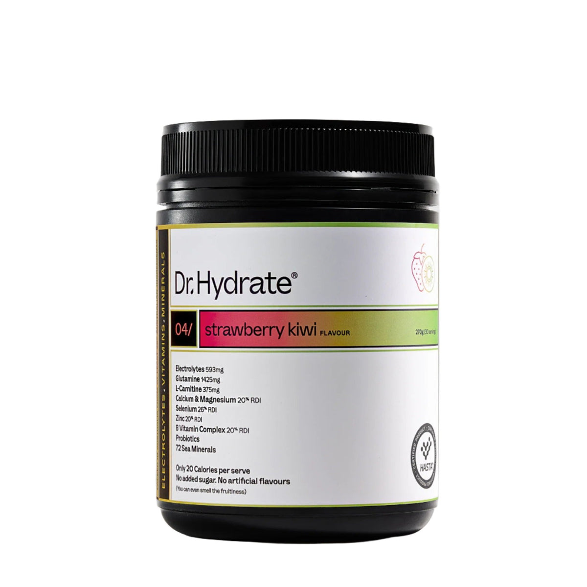 Dr. Hydrate Strawberry Kiwi Jar - 30 Serves electrolyte powder in black container with nutritional info and flavor label.