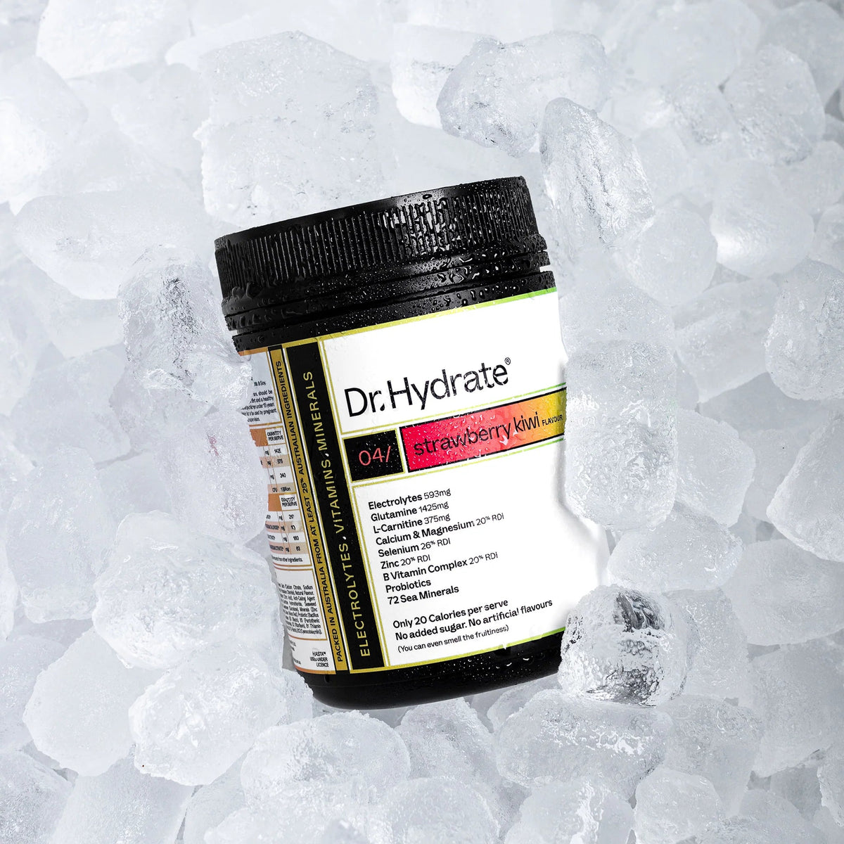 Dr. Hydrate Strawberry Kiwi Jar - 30 Serves electrolyte powder container on ice, highlighting key nutrients and branding.