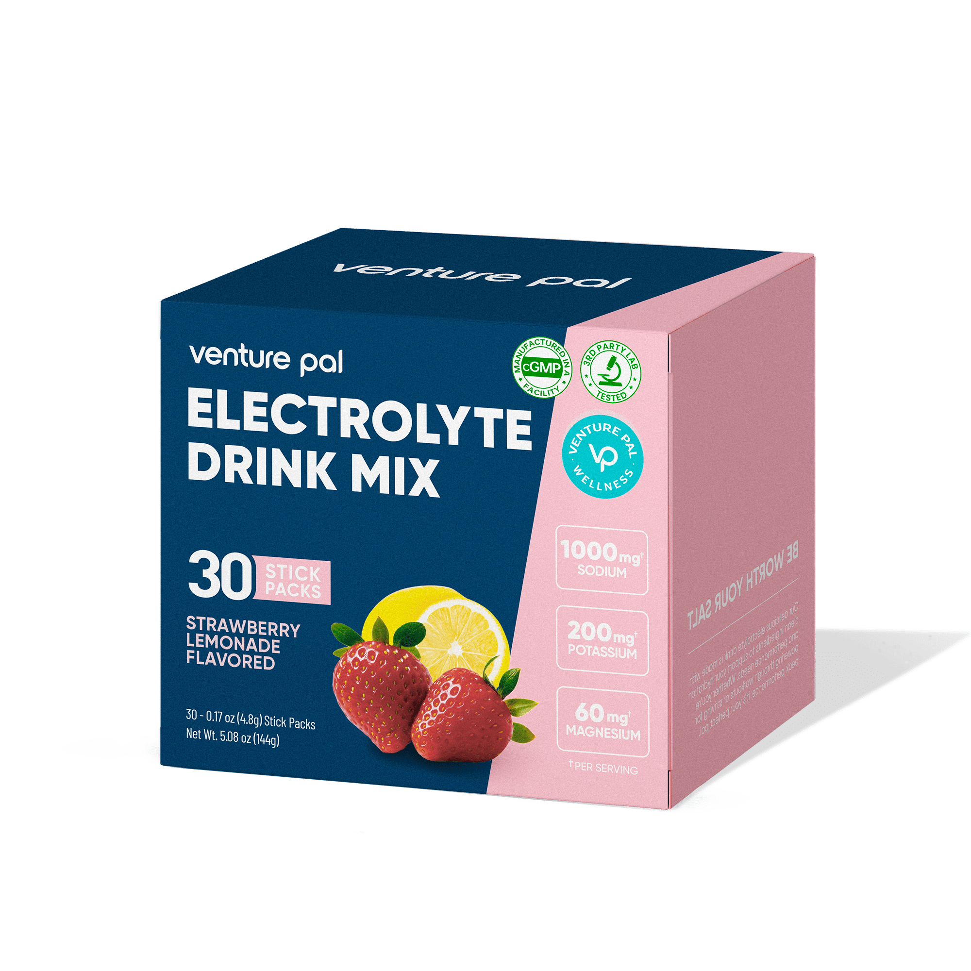 Box of Venture Pal Strawberry Lemonade Electrolyte Drink Mix - 30 Sticks with strawberry and lemon images on front