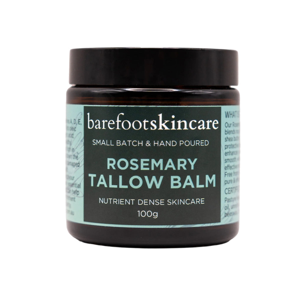 Tallow Balm - Rosemary - 100g by Barefoot Skincare Co in dark jar with mint green label for nutrient dense skincare.
