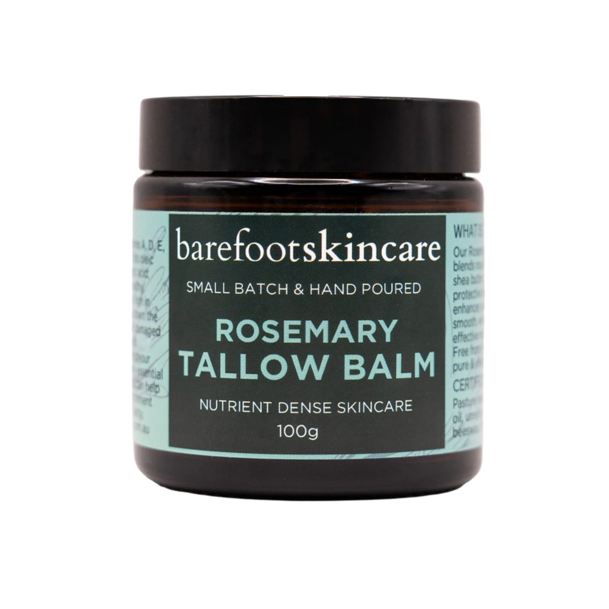 Tallow Balm - Rosemary - 100g by Barefoot Skincare Co in dark jar with mint green label for nutrient dense skincare.