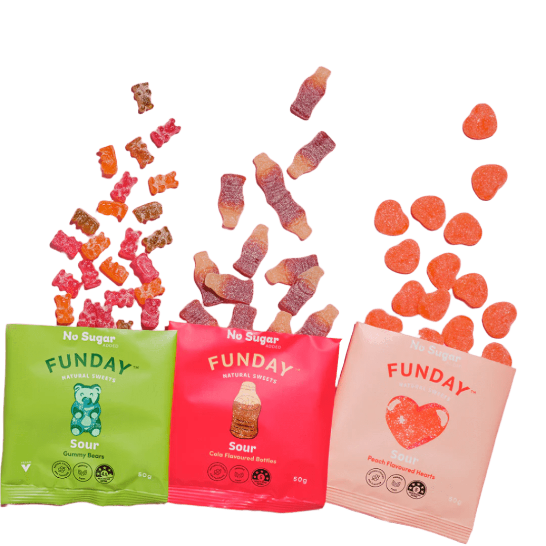 The Sour 12 Pack by Funday with no sugar sour gummy bears, cola bottles, and peach hearts in bright packaging