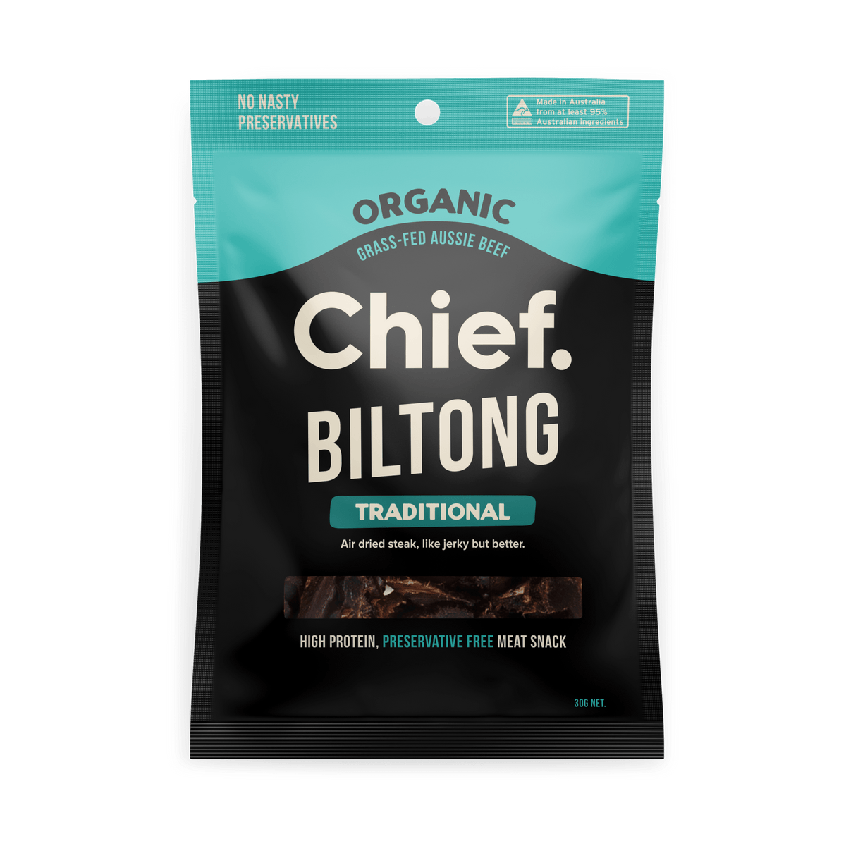 Traditional Beef Biltong - 30g by Chief, organic grass-fed Aussie beef, preservative-free savoury snack.