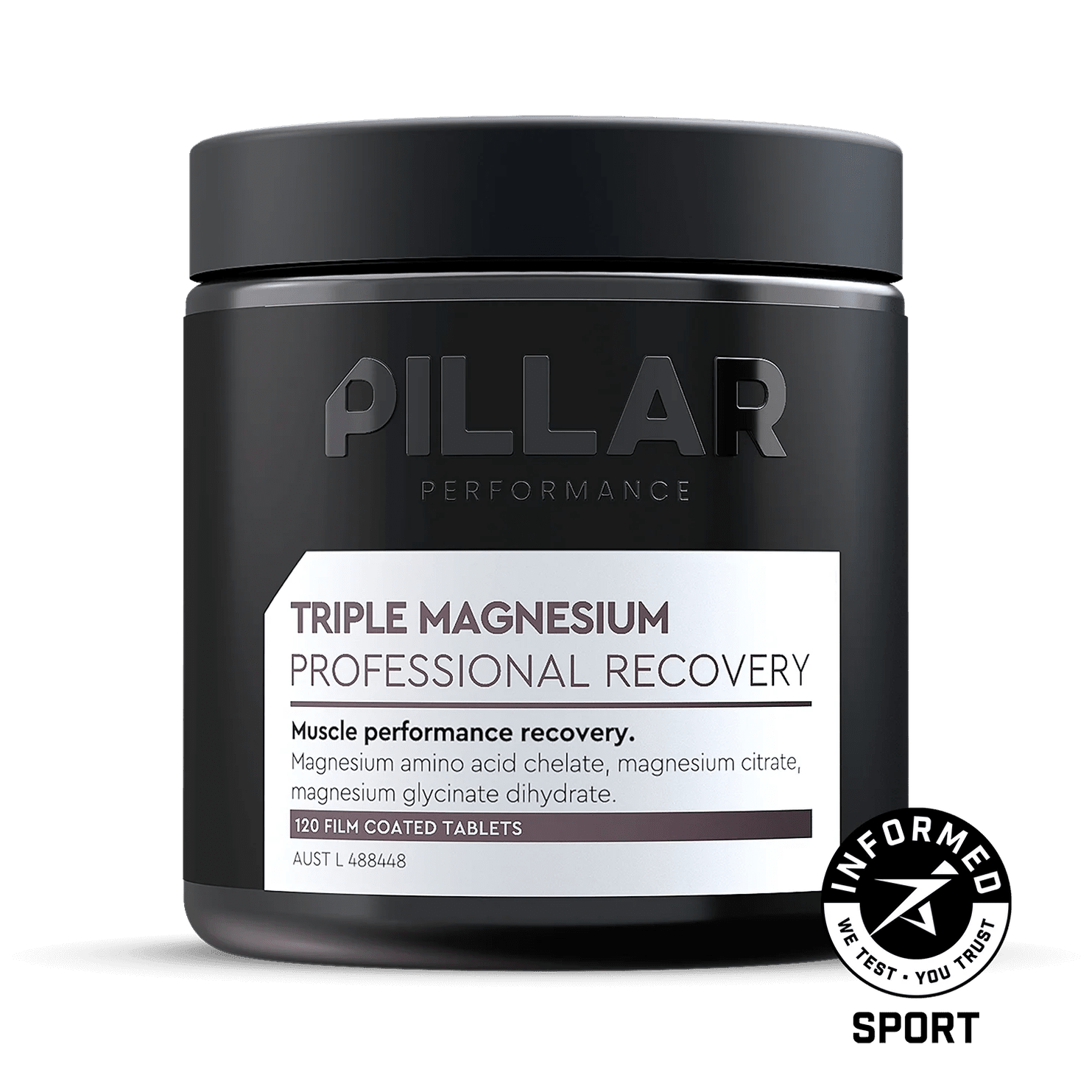Pillar Performance Triple Magnesium Professional Recovery powder jar on a white background