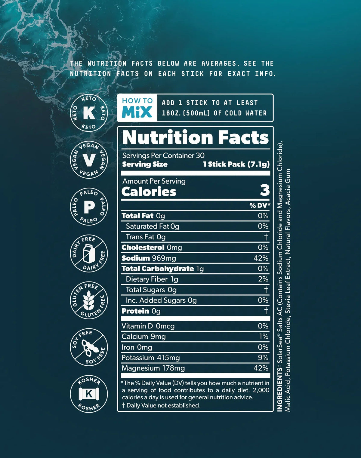 Nutrition facts label for Ultra Variety Electrolyte Drink Mix - 30 Sticks by SALTT with keto, vegan, paleo, gluten-free icons