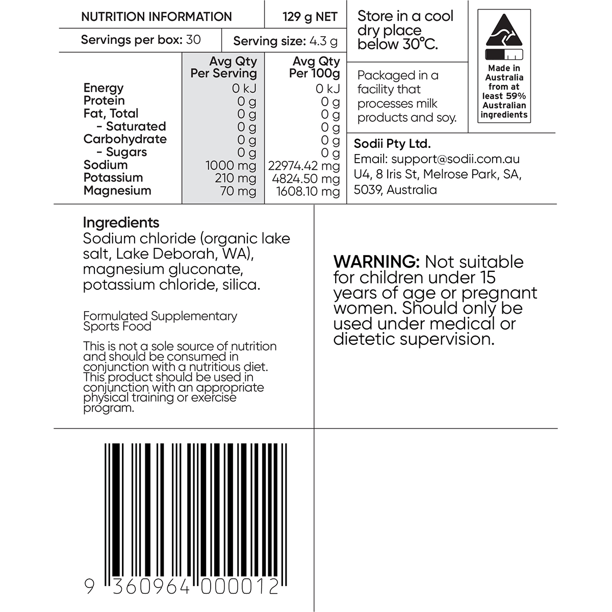 Unflavoured - 30 Sachets by Sodii showing nutritional facts, ingredients, and usage warnings on white label.