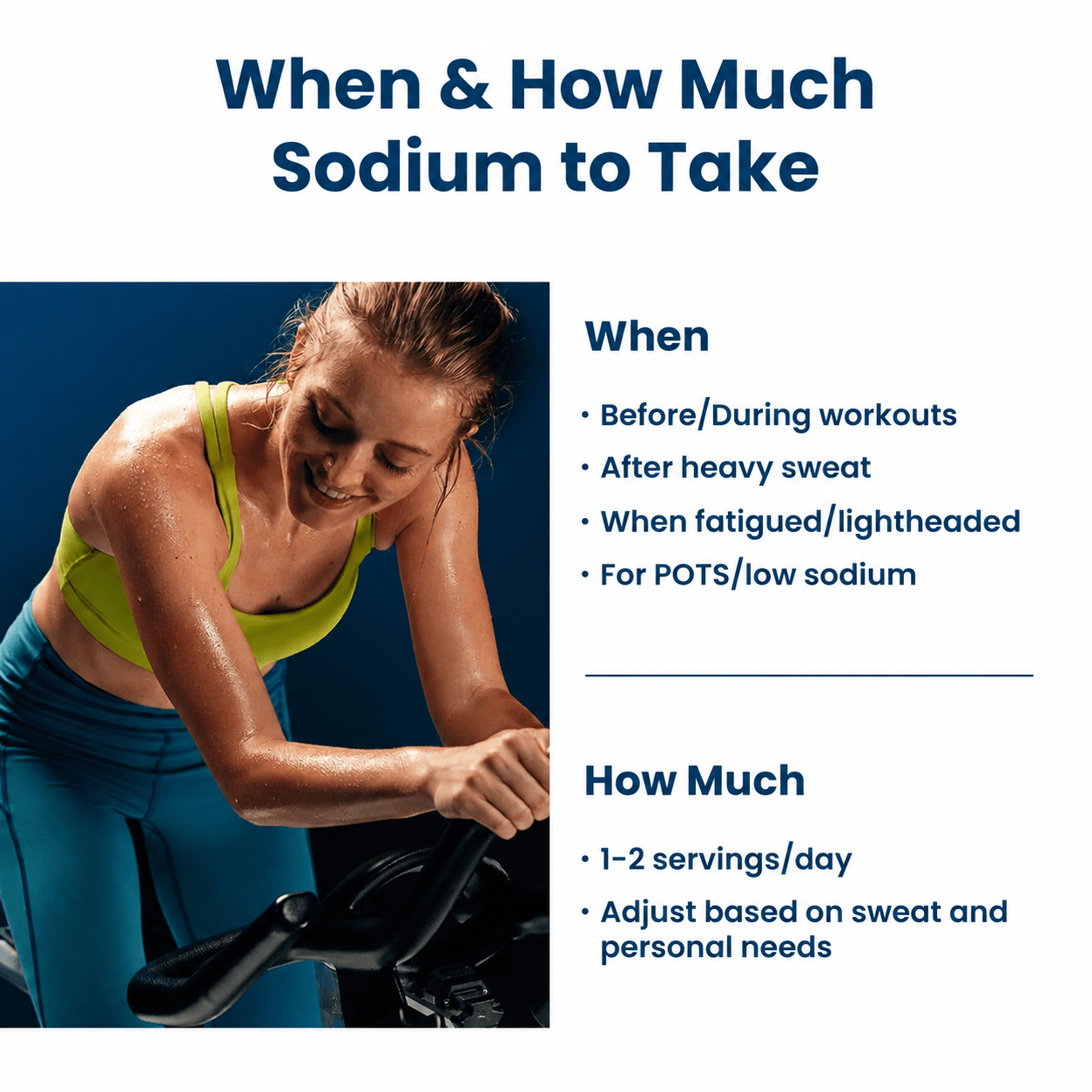 Image showing guidance on sodium intake timing and amount with a smiling woman in workout attire exercising on a stationary bike, promoting Venture Pal - Single Stick for keto and low carb hydration support.