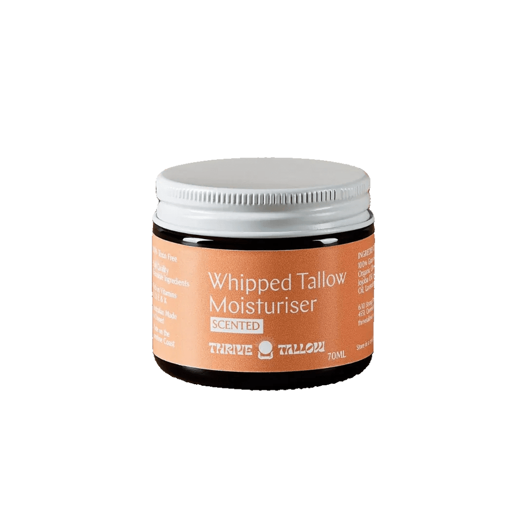 Whipped Tallow Moisturiser - Scented Blend - 70ml by Thrive Tallow in amber jar with white lid for skincare use