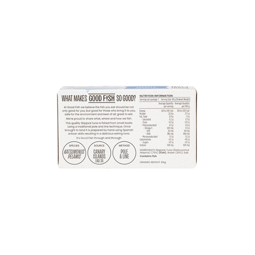 Back of Wild Caught Tuna Fillets in Natural Water - 120g Can from Good Fish showing ingredients and nutrition facts panel.