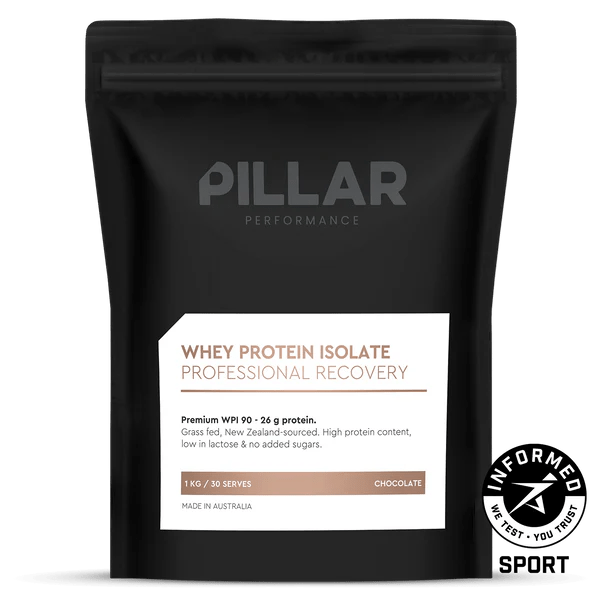 WPI - Chocolate - 1kg by PILLAR PERFORMANCE in black packaging with protein content and recovery details visible