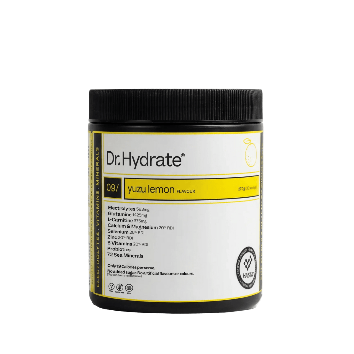 Dr. Hydrate Yuzu Lemon Jar - 30 Serves electrolyte hydration powder, refreshing citrus flavor, low carb functional drink.