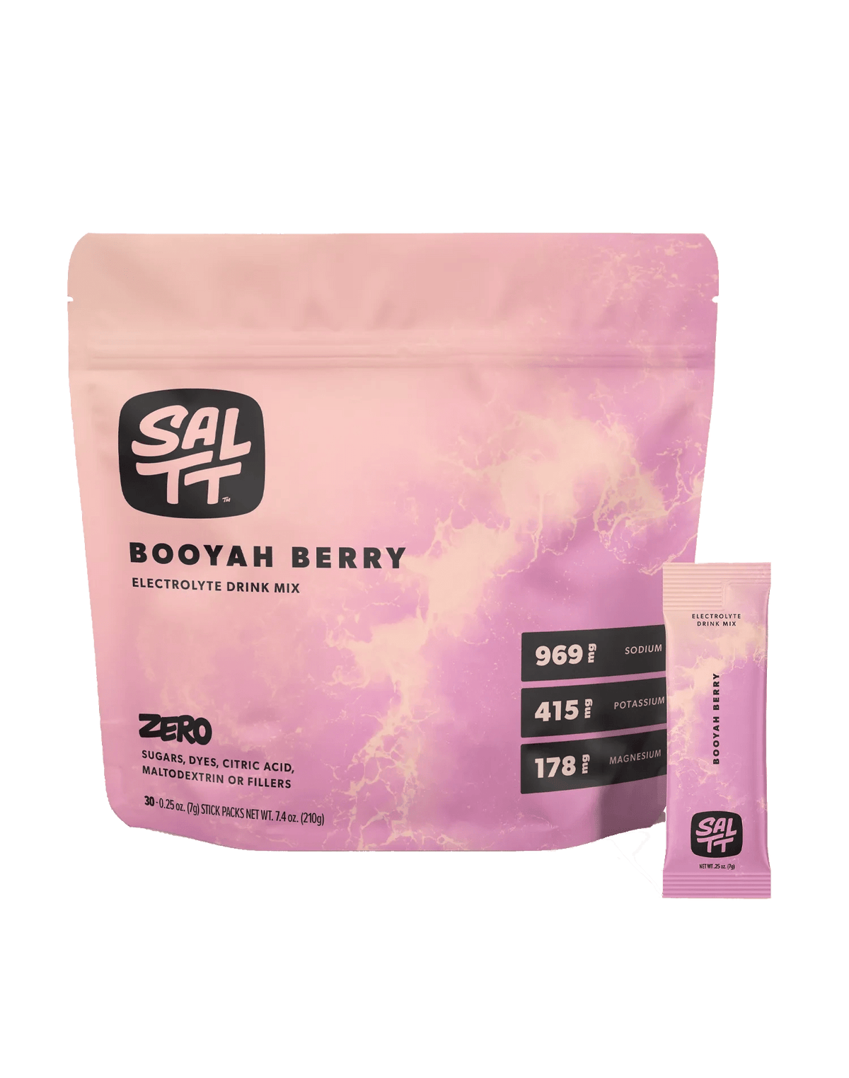 Booyah Berry Electrolyte Drink Mix - 30 Sticks by SALTT in pink packaging, featuring electrolyte content details.