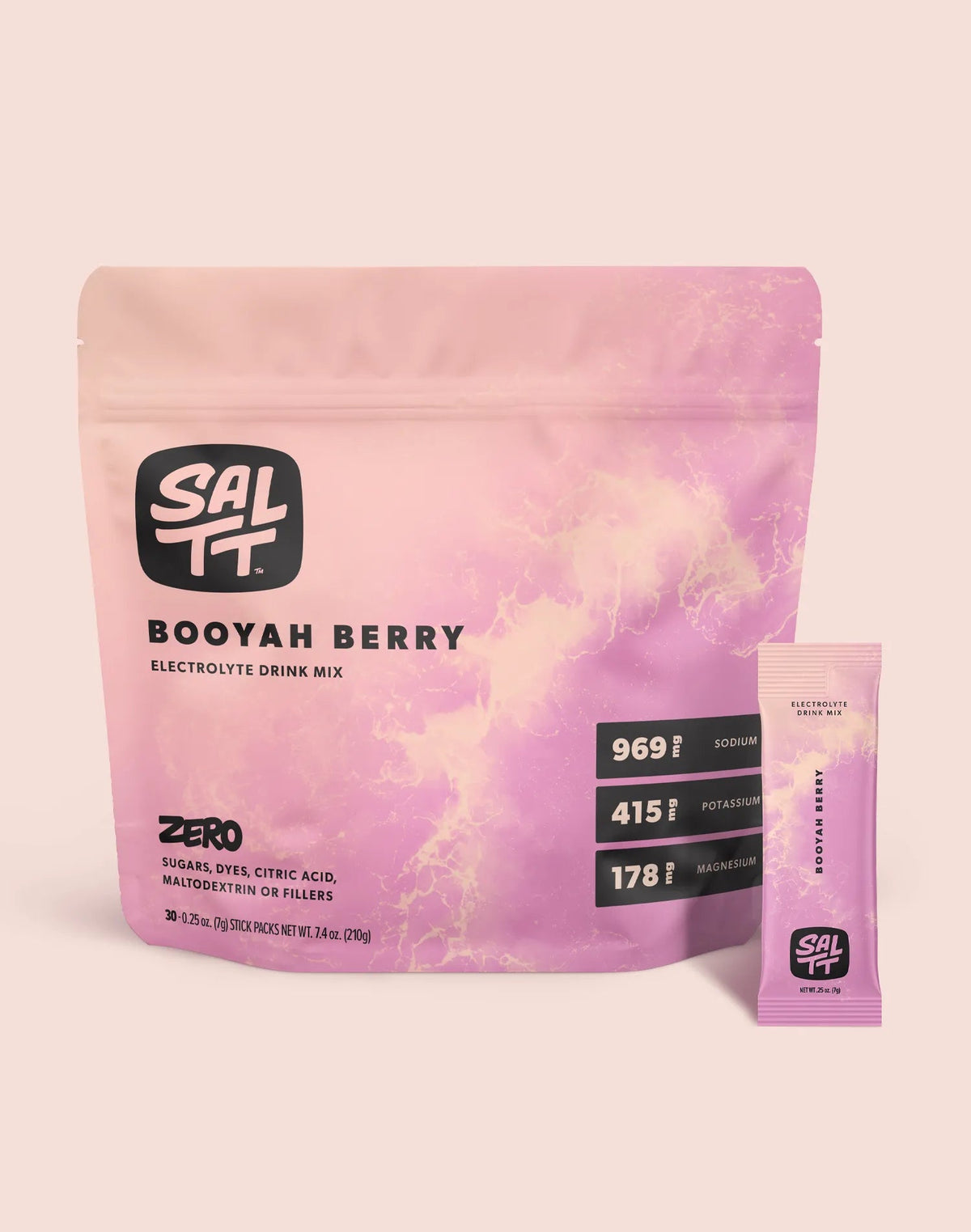 Booyah Berry Electrolyte Drink Mix - 30 Sticks by SALTT in pink packaging showing electrolyte mineral content details