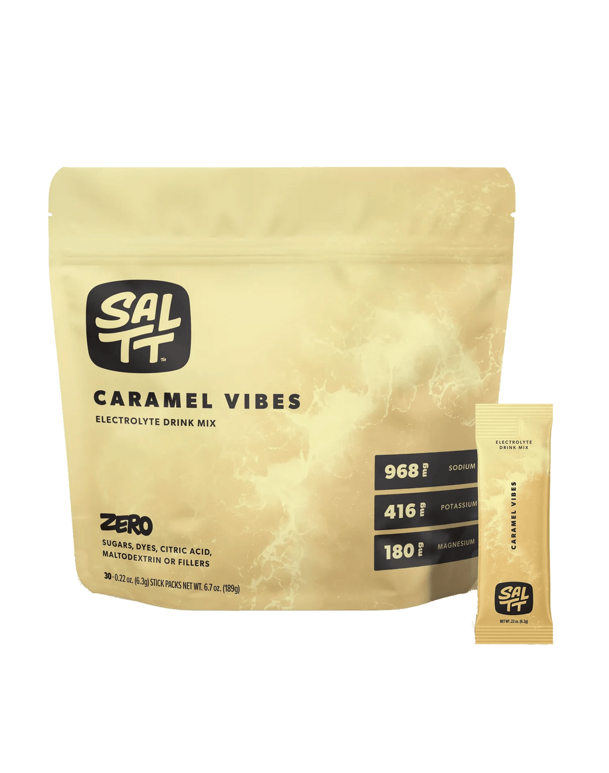 SALTT Caramel Vibes Electrolyte Drink Mix - 30 Sticks in tan resealable bag highlighting sodium, potassium, magnesium content