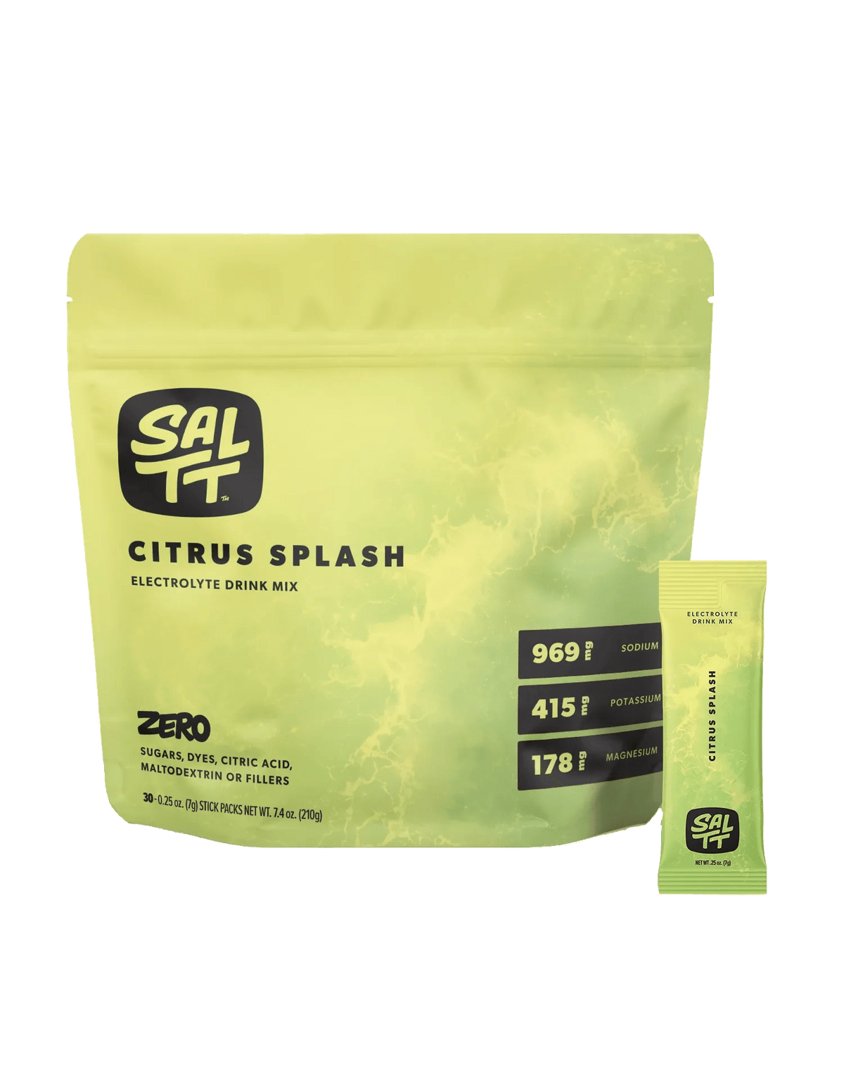 SALTT Citrus Splash Electrolyte Drink Mix - 30 Sticks in bright yellow-green packaging highlighting sodium, potassium, and magnesium content