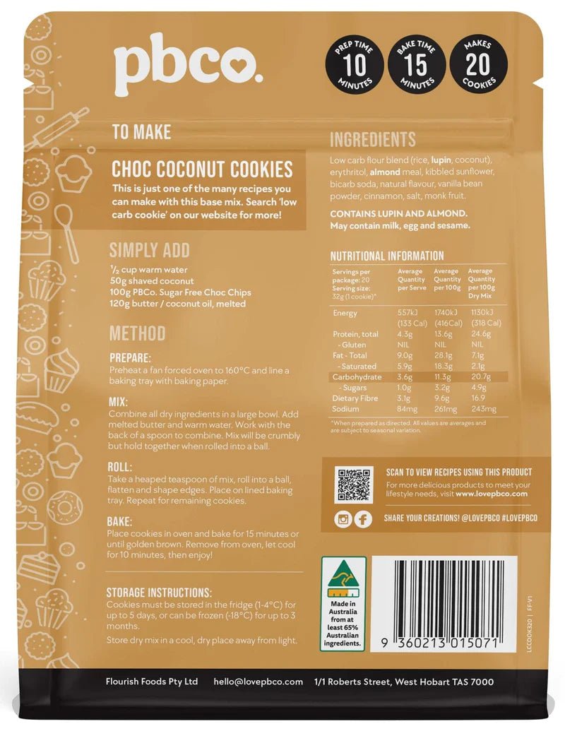 PBCo. Cookie Base Mix 320g pouch, back with ingredients and nutrition information