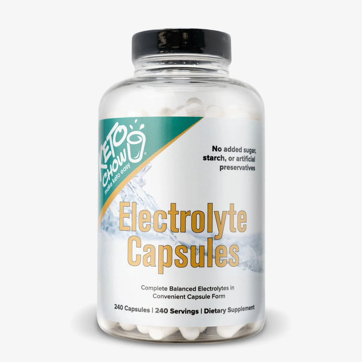 Clear bottle of Keto Chow Electrolyte Capsules - 240 Serves with white capsules and label highlighting balanced electrolytes and no added sugar