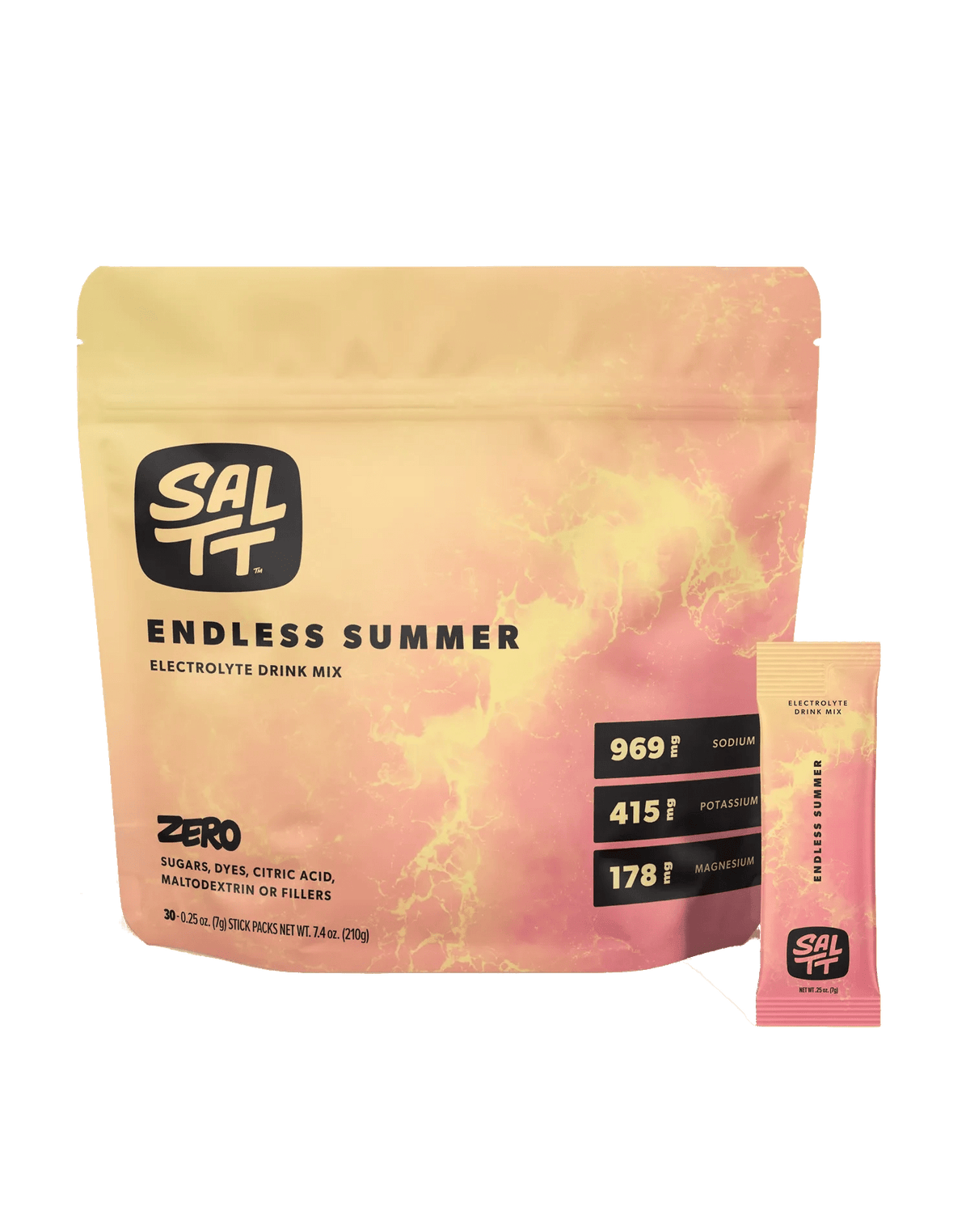 SALTT Endless Summer Electrolyte Drink Mix - 30 Sticks with blend of sodium, potassium, magnesium in vibrant pink and yellow pack