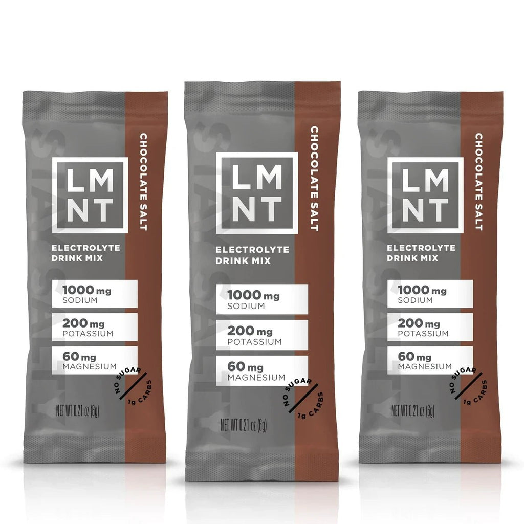 LMNT Chocolate Salt Electrolyte Mix - 30 Sticks packets displaying sodium, potassium, and magnesium content on brown and gray packaging