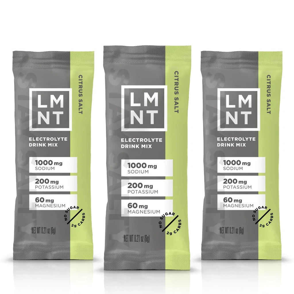 LMNT Citrus Salt Electrolyte Mix - 30 Sticks packets showing sodium, potassium, magnesium content and no sugar claims