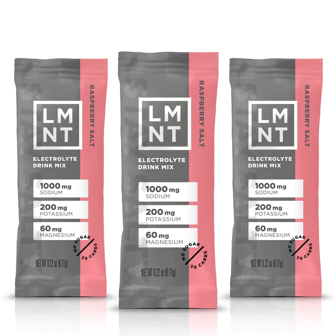 LMNT Raspberry Salt Electrolyte Mix - 30 Sticks packets showing sodium, potassium, and magnesium content on pink and gray design