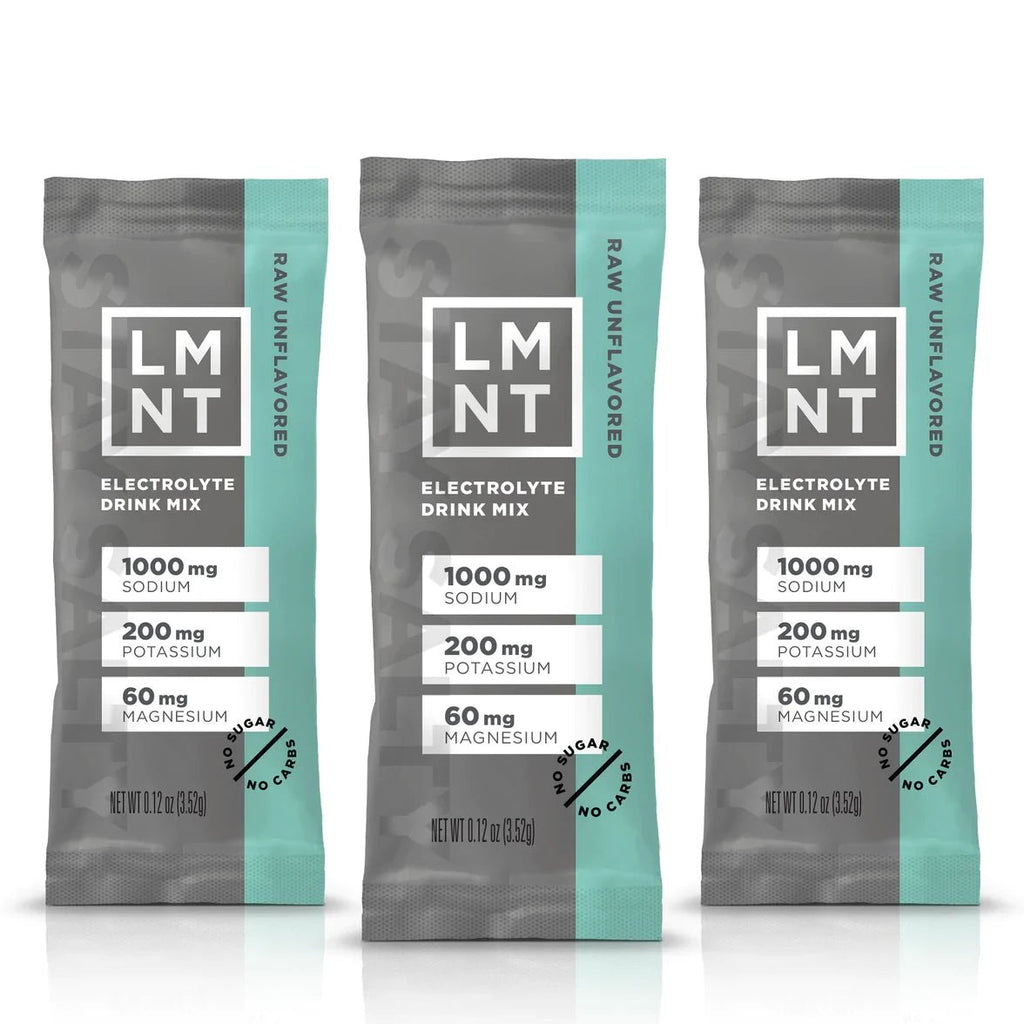 LMNT Raw Unflavoured Electrolyte Mix - 30 Sticks showing individual packets with sodium, potassium, and magnesium content labels