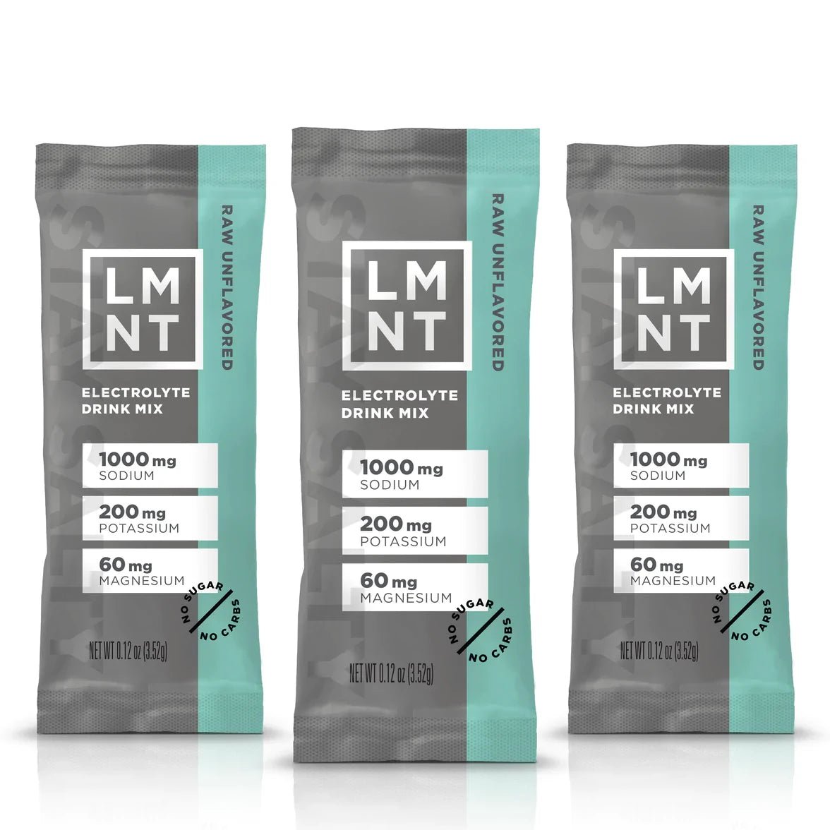 LMNT Raw Unflavoured Electrolyte Mix - 30 Sticks showing individual packets with sodium, potassium, and magnesium content labels