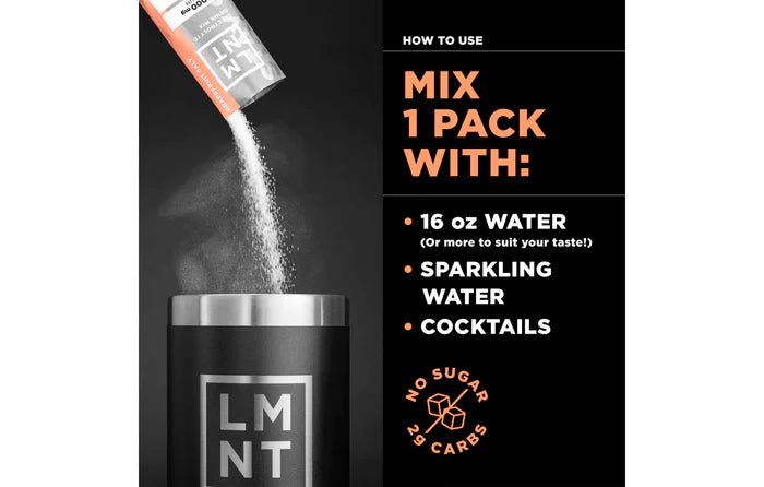 Instructional image showing how to mix LMNT Grapefruit Salt Electrolyte Mix - 30 Sticks with water, sparkling water, or cocktails.
