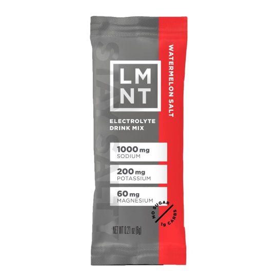 LMNT Single Stick Watermelon Salt electrolyte drink mix with sodium, potassium, and magnesium content in gray and red packet