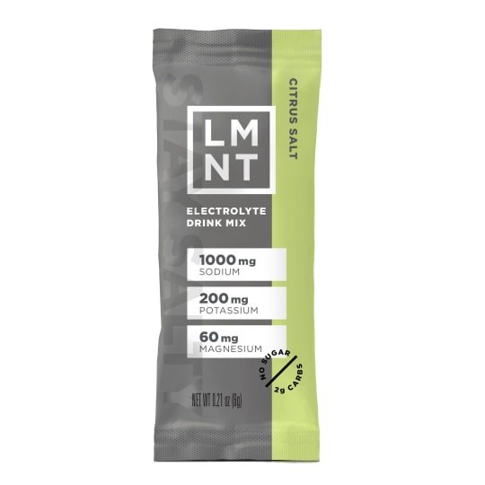 LMNT Single Stick electrolyte drink mix in Citrus Salt flavor with sodium, potassium, and magnesium for hydration.