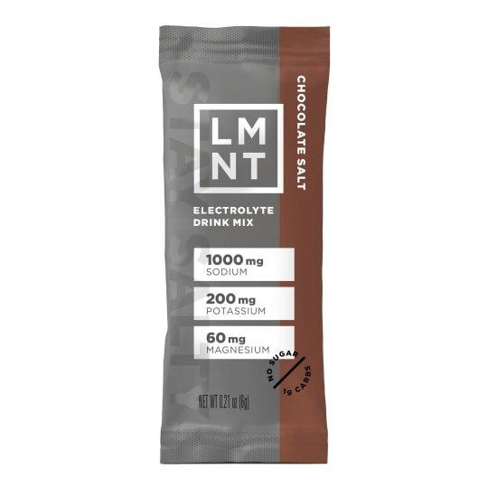 LMNT Single Stick Chocolate Salt electrolyte drink mix with sodium, potassium, magnesium, no sugar, and low carbs.