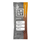 LMNT Single Stick Chocolate Caramel electrolyte drink mix showing sodium, potassium, and magnesium content on brown and gray packaging
