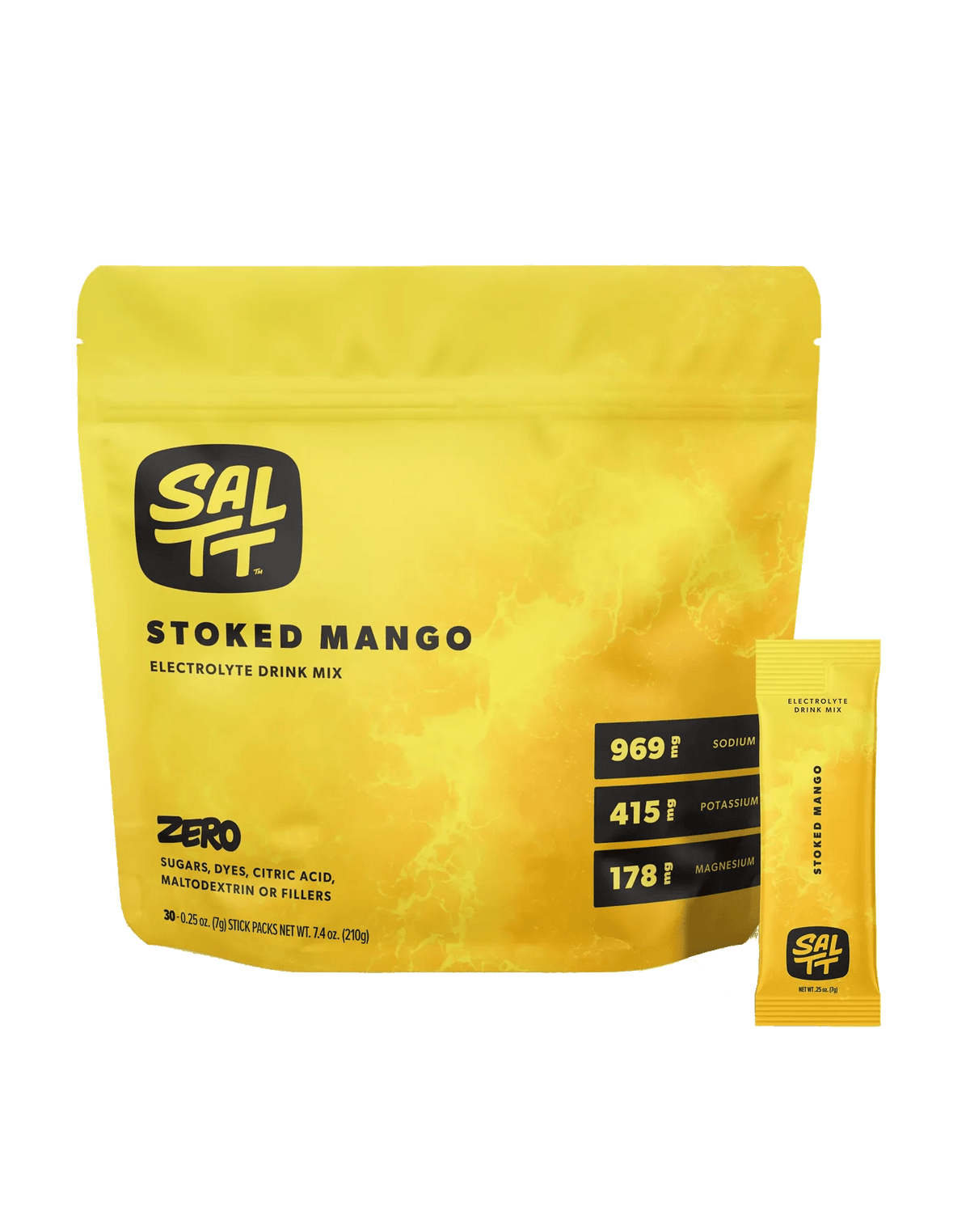 Stoked Mango Electrolyte Drink Mix - 30 Sticks by SALTT in bright yellow packaging with mineral content and zero sugar claims