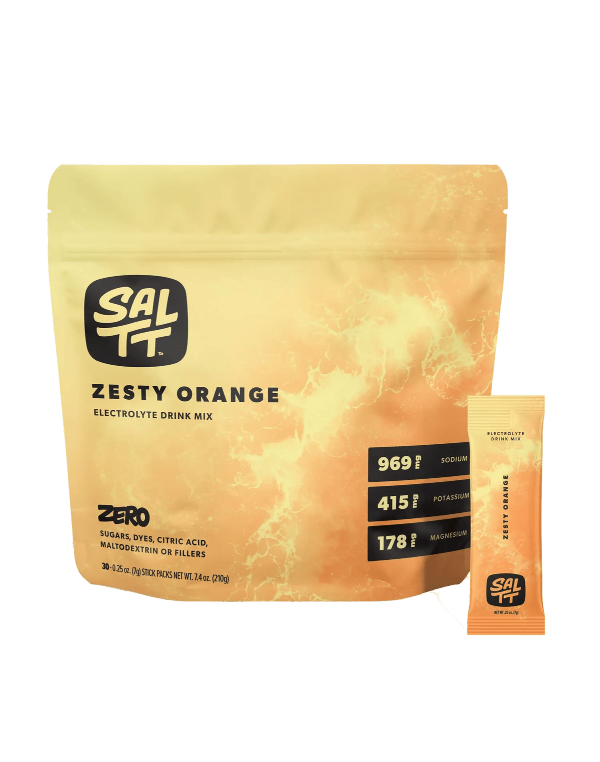 SALTT Zesty Orange Electrolyte Drink Mix - 30 Sticks package with electrolyte content details in orange packaging